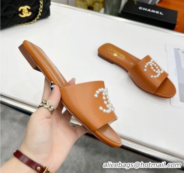 Best Price Chanel Pearly CC Leather Flat Slide Sandals 021552 Brown