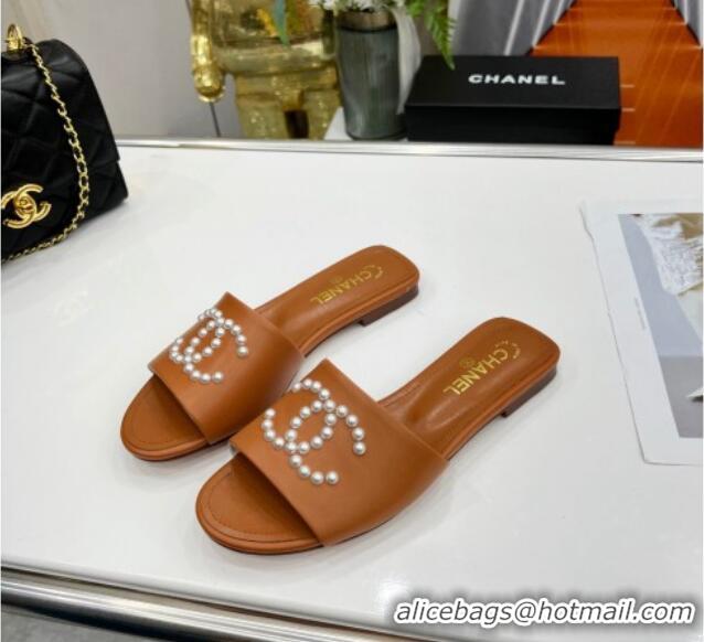 Best Price Chanel Pearly CC Leather Flat Slide Sandals 021552 Brown