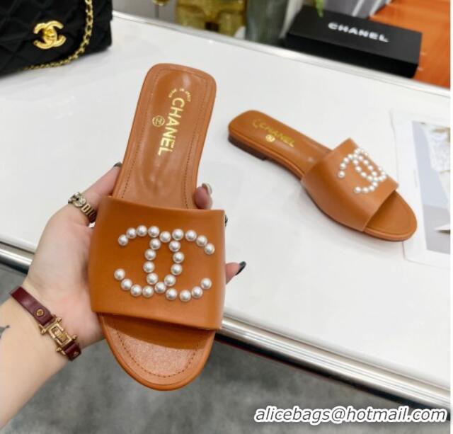 Best Price Chanel Pearly CC Leather Flat Slide Sandals 021552 Brown