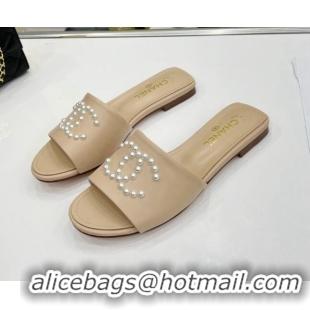 Charming Chanel Pearly CC Leather Flat Slide Sandals 021552 Beige