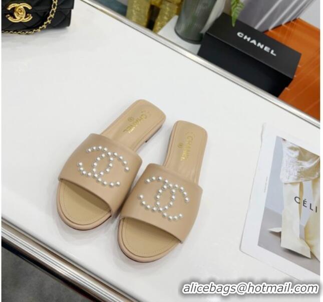 Charming Chanel Pearly CC Leather Flat Slide Sandals 021552 Beige