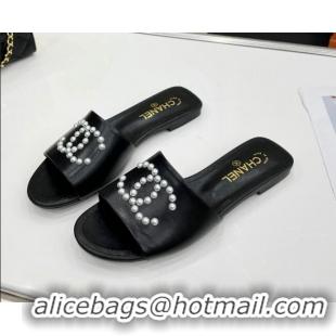 Low Cost Chanel Pearly CC Leather Flat Slide Sandals 021555 Black