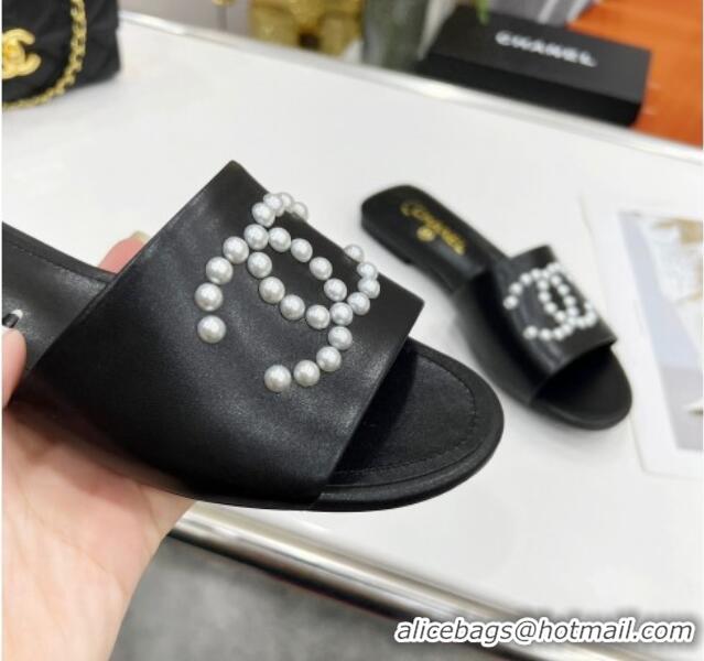 Low Cost Chanel Pearly CC Leather Flat Slide Sandals 021555 Black