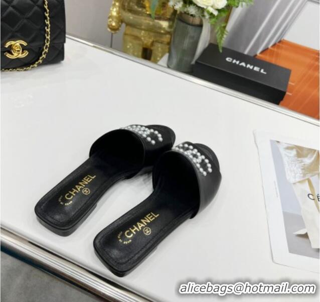 Low Cost Chanel Pearly CC Leather Flat Slide Sandals 021555 Black