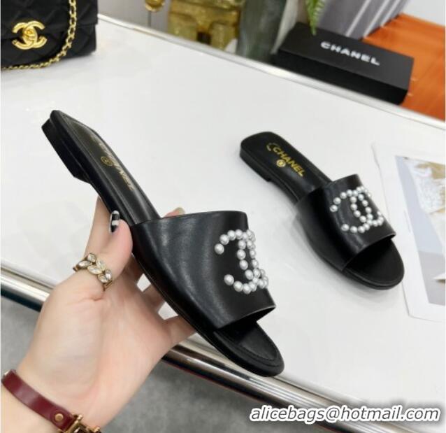 Low Cost Chanel Pearly CC Leather Flat Slide Sandals 021555 Black