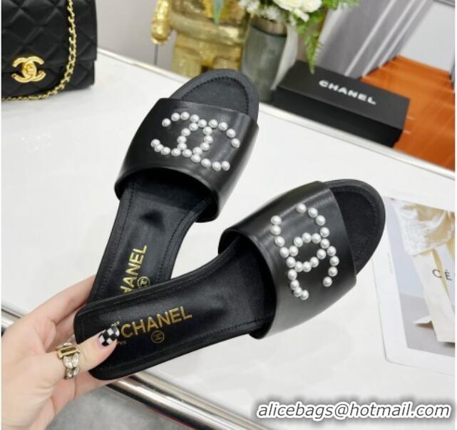 Low Cost Chanel Pearly CC Leather Flat Slide Sandals 021555 Black