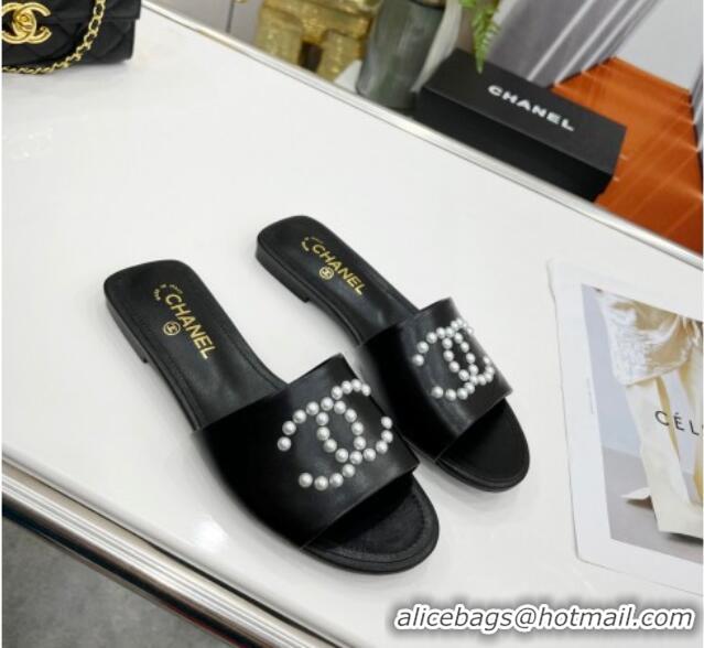 Low Cost Chanel Pearly CC Leather Flat Slide Sandals 021555 Black