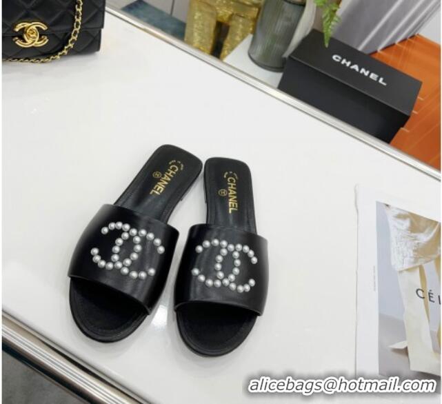 Low Cost Chanel Pearly CC Leather Flat Slide Sandals 021555 Black