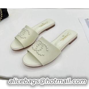 Affordable Price Chanel Pearly CC Leather Flat Slide Sandals 021555 White