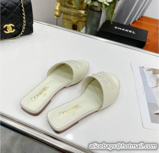 Affordable Price Chanel Pearly CC Leather Flat Slide Sandals 021555 White