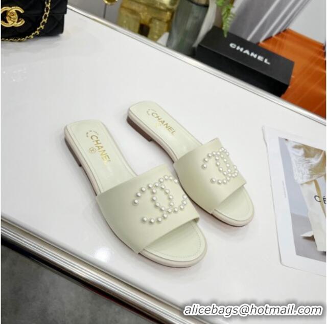 Affordable Price Chanel Pearly CC Leather Flat Slide Sandals 021555 White