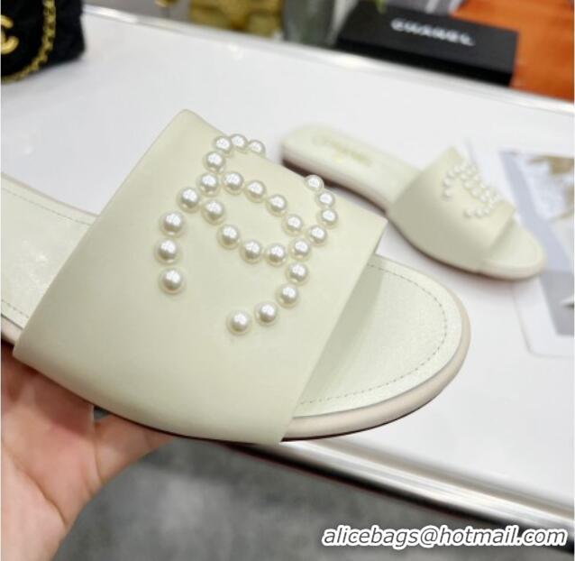 Affordable Price Chanel Pearly CC Leather Flat Slide Sandals 021555 White