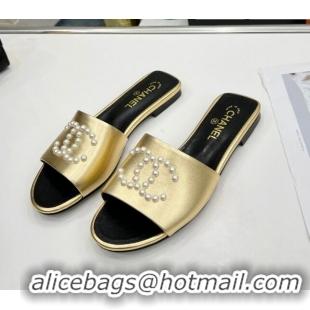 Stylish Chanel Pearly CC Leather Flat Slide Sandals 021555 Gold