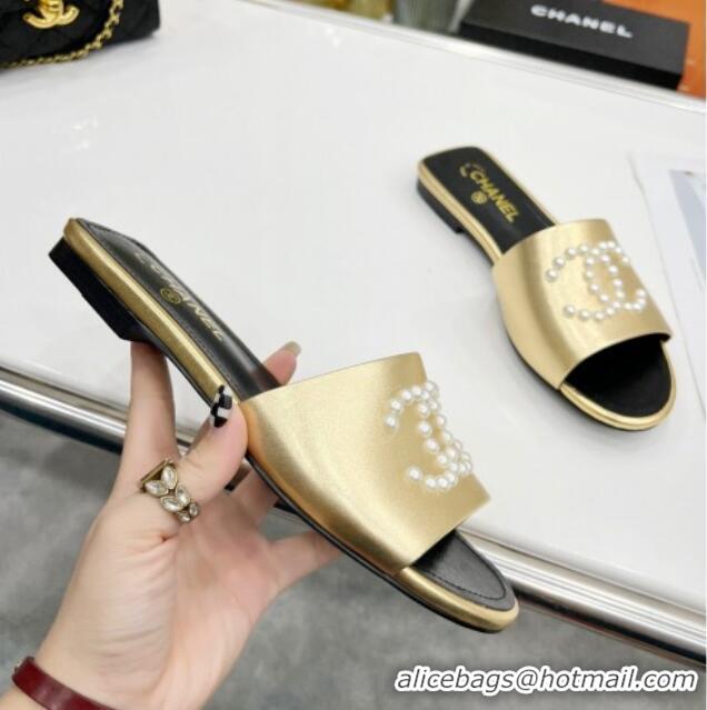 Stylish Chanel Pearly CC Leather Flat Slide Sandals 021555 Gold