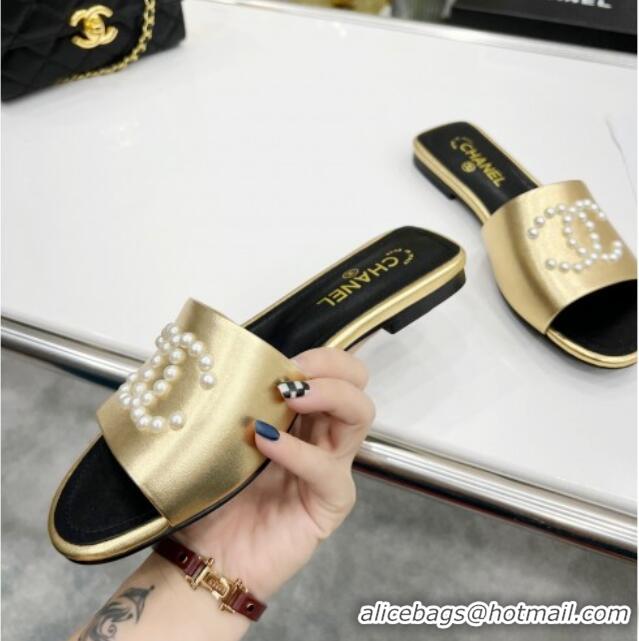 Stylish Chanel Pearly CC Leather Flat Slide Sandals 021555 Gold