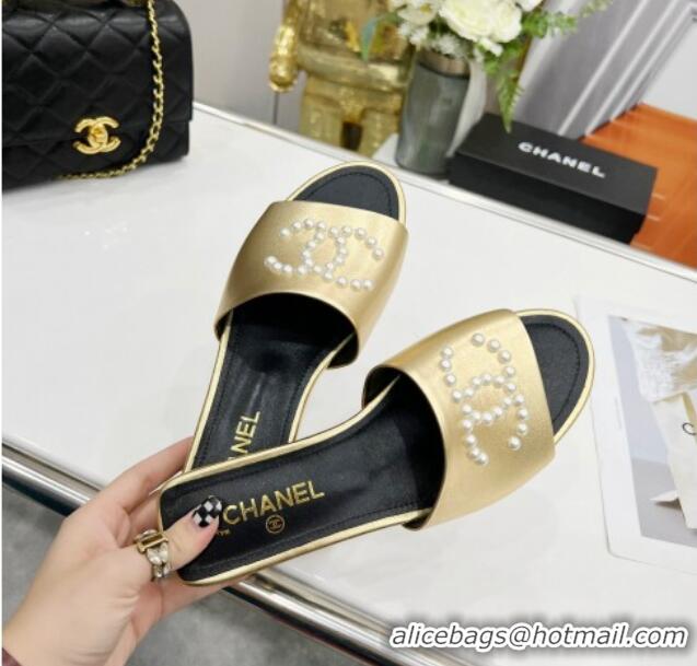 Stylish Chanel Pearly CC Leather Flat Slide Sandals 021555 Gold