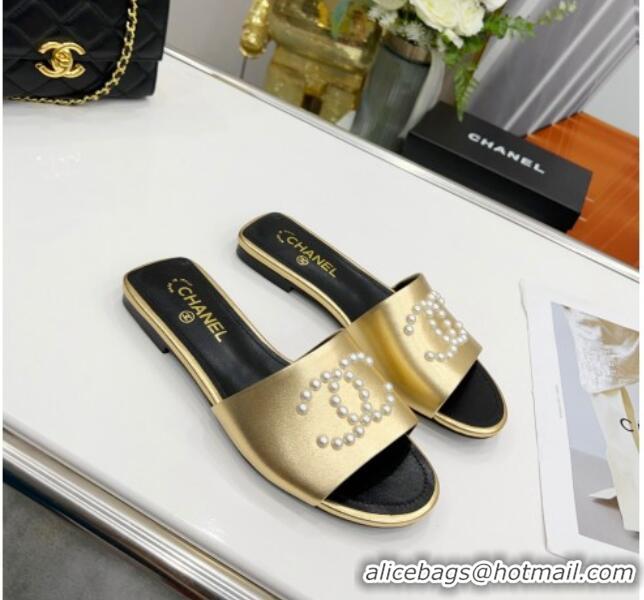 Stylish Chanel Pearly CC Leather Flat Slide Sandals 021555 Gold