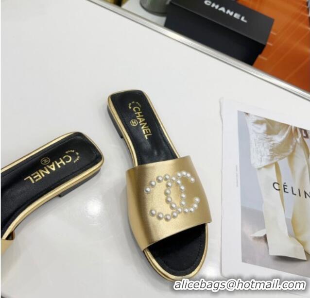 Stylish Chanel Pearly CC Leather Flat Slide Sandals 021555 Gold