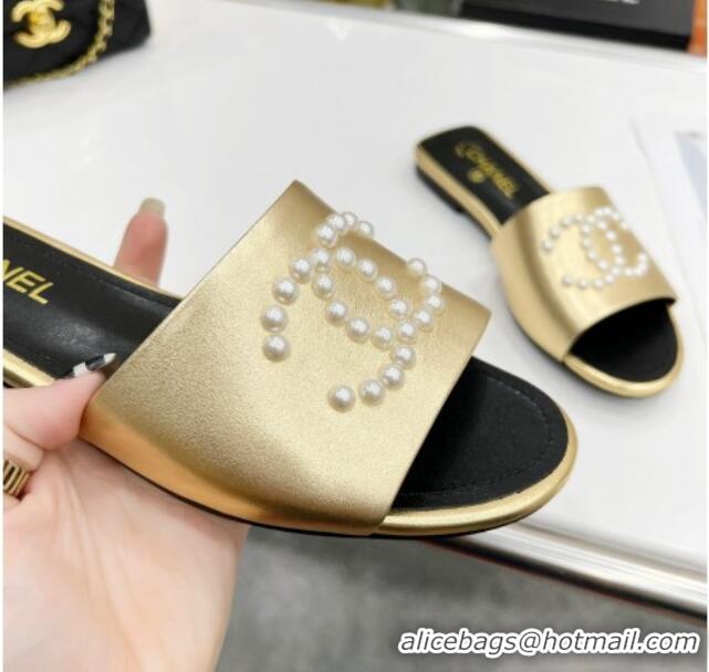 Stylish Chanel Pearly CC Leather Flat Slide Sandals 021555 Gold