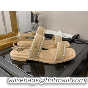 AAAAA Chanel Lambskin Pearl Flat Sandals G38423 Beige