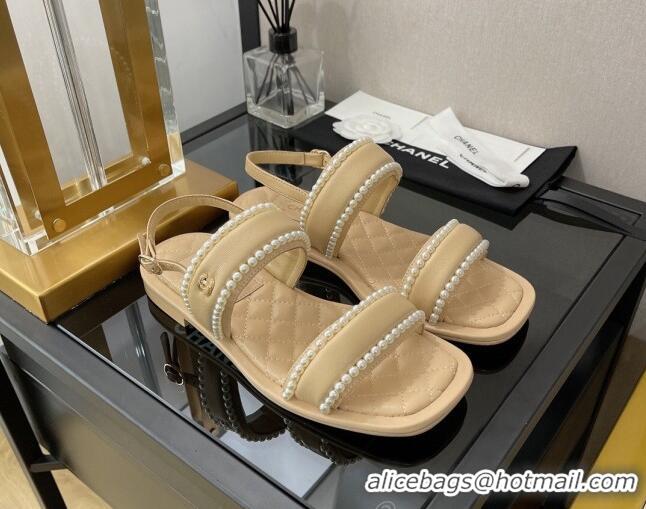 AAAAA Chanel Lambskin Pearl Flat Sandals G38423 Beige