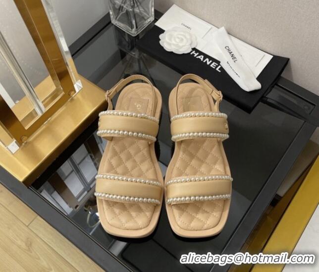 AAAAA Chanel Lambskin Pearl Flat Sandals G38423 Beige