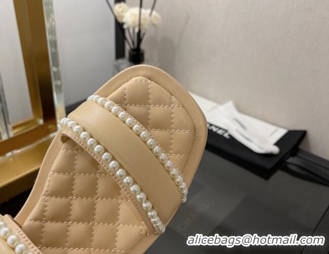 AAAAA Chanel Lambskin Pearl Flat Sandals G38423 Beige