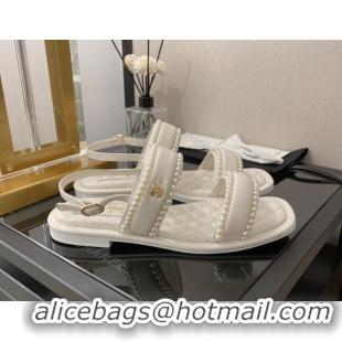 Affordable Price Chanel Lambskin Pearl Flat Sandals G38423 White