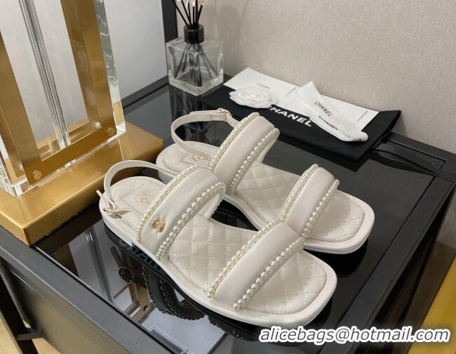 Affordable Price Chanel Lambskin Pearl Flat Sandals G38423 White