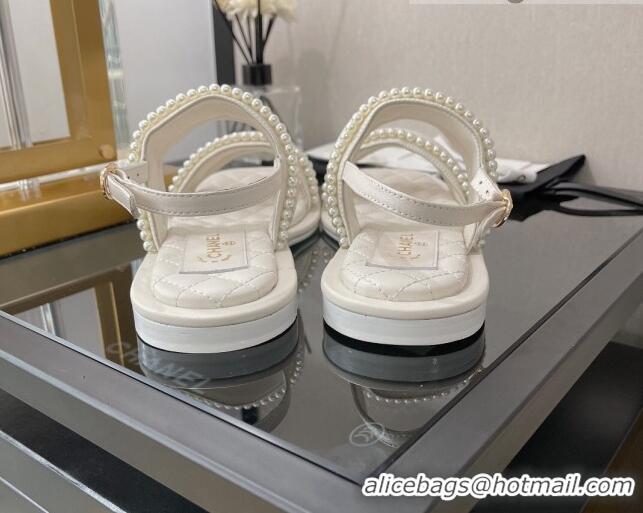 Affordable Price Chanel Lambskin Pearl Flat Sandals G38423 White