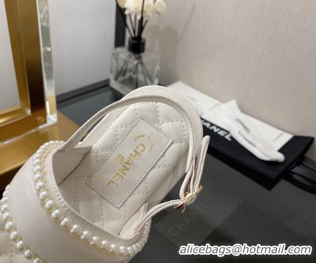 Affordable Price Chanel Lambskin Pearl Flat Sandals G38423 White