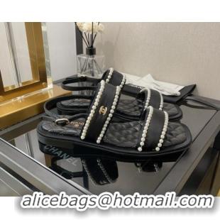 Best Price Chanel Lambskin Pearl Flat Sandals G38423 Black