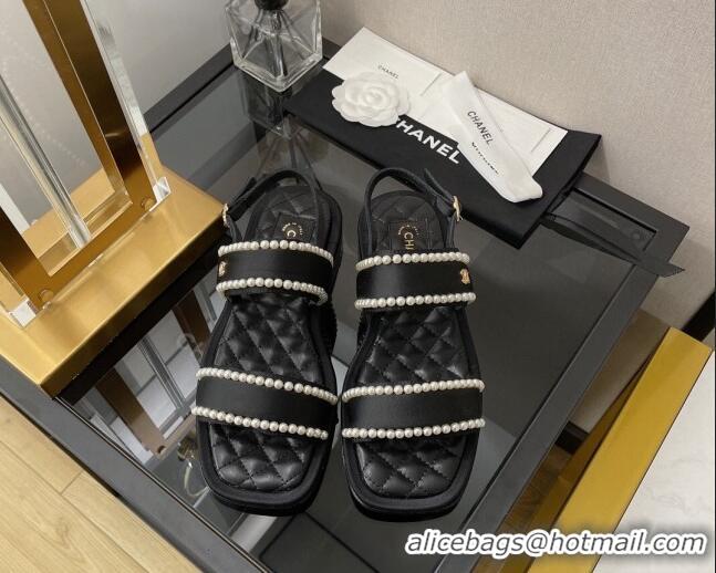 Best Price Chanel Lambskin Pearl Flat Sandals G38423 Black