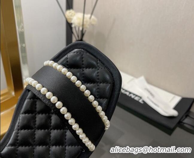 Best Price Chanel Lambskin Pearl Flat Sandals G38423 Black