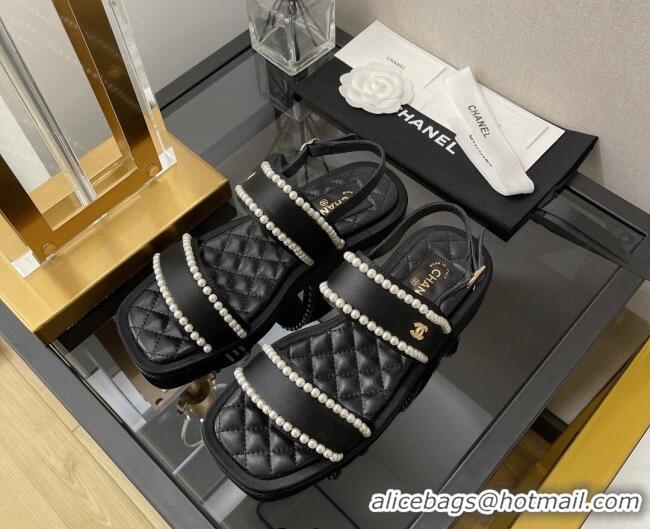 Best Price Chanel Lambskin Pearl Flat Sandals G38423 Black