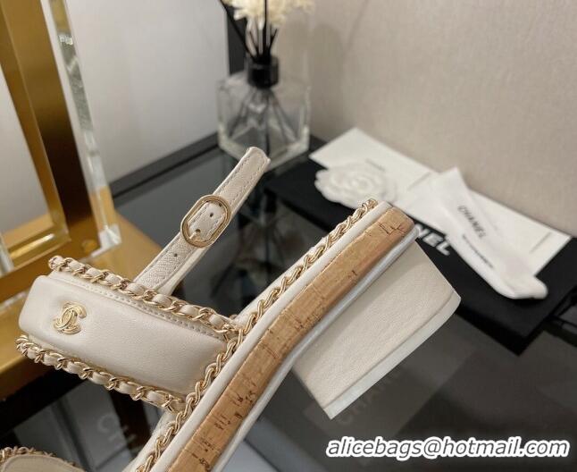 Top Quality Chanel Lambskin Chain Slingback Sandals 3cm G38489 White