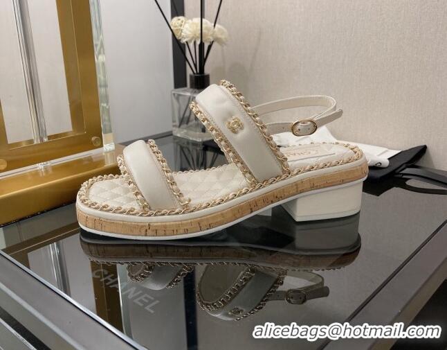 Top Quality Chanel Lambskin Chain Slingback Sandals 3cm G38489 White