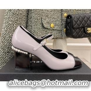 Duplicate Chanel Shiny Calfskin Pearl Heel Mary Janes Pumps 7.5cm 021575 Light Purple