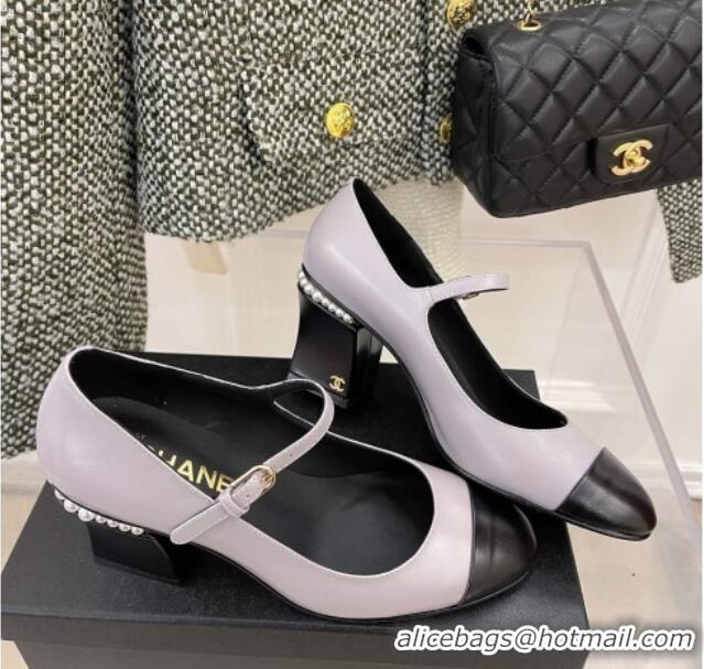 Duplicate Chanel Shiny Calfskin Pearl Heel Mary Janes Pumps 7.5cm 021575 Light Purple