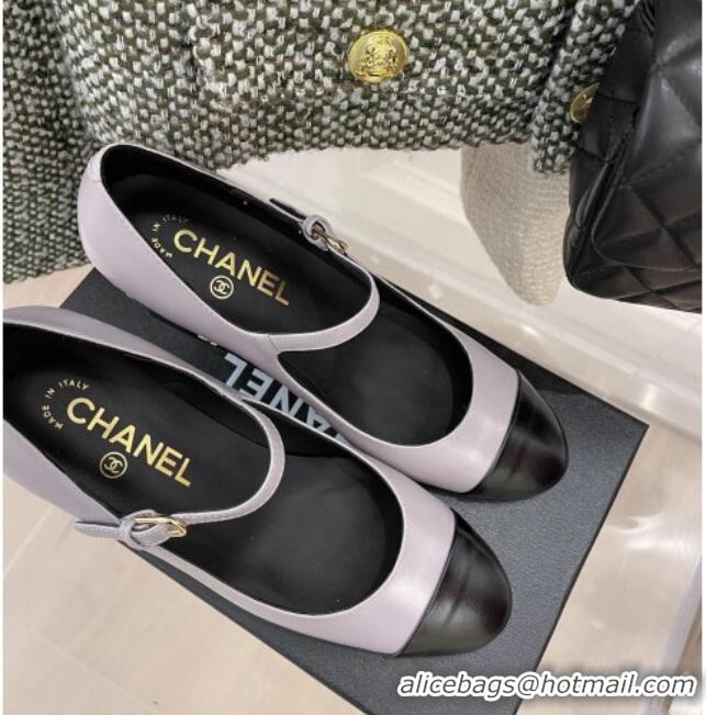 Duplicate Chanel Shiny Calfskin Pearl Heel Mary Janes Pumps 7.5cm 021575 Light Purple