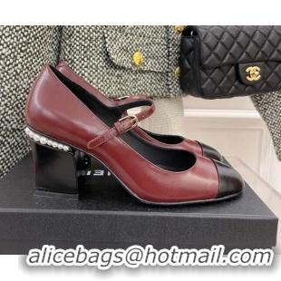 Top Grade Chanel Shiny Calfskin Pearl Heel Mary Janes Pumps 7.5cm 021575 Burgundy