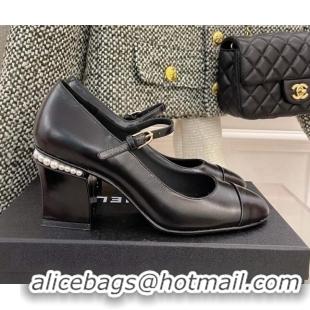 Best Price Chanel Shiny Calfskin Pearl Heel Mary Janes Pumps 7.5cm 021575 Black