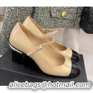 Best Price Chanel Shiny Calfskin Pearl Heel Mary Janes Pumps 7.5cm 021575 Beige