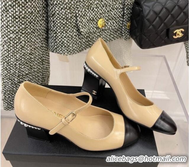 Best Price Chanel Shiny Calfskin Pearl Heel Mary Janes Pumps 7.5cm 021575 Beige