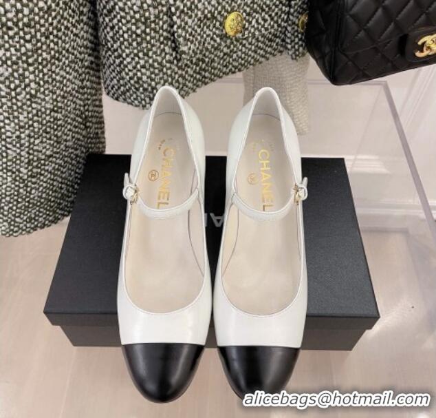 Good Product Chanel Shiny Calfskin Pearl Heel Mary Janes Pumps 7.5cm 021575 White