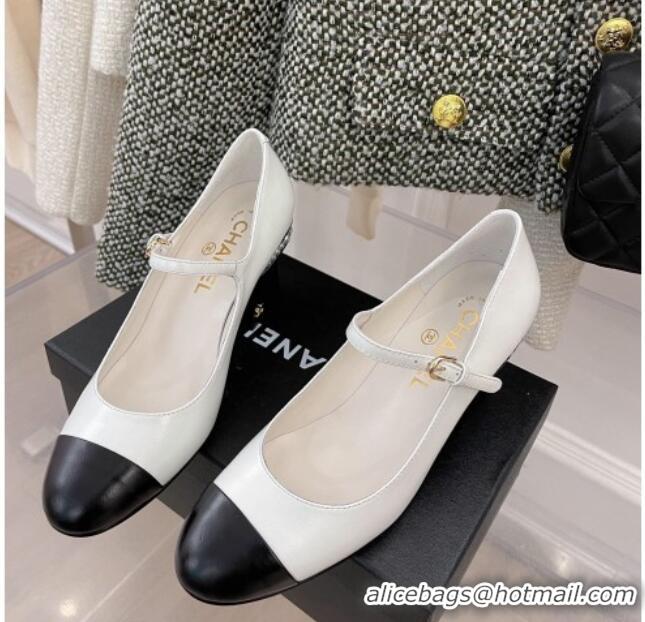 Good Product Chanel Shiny Calfskin Pearl Heel Mary Janes Pumps 7.5cm 021575 White