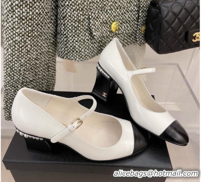 Good Product Chanel Shiny Calfskin Pearl Heel Mary Janes Pumps 7.5cm 021575 White