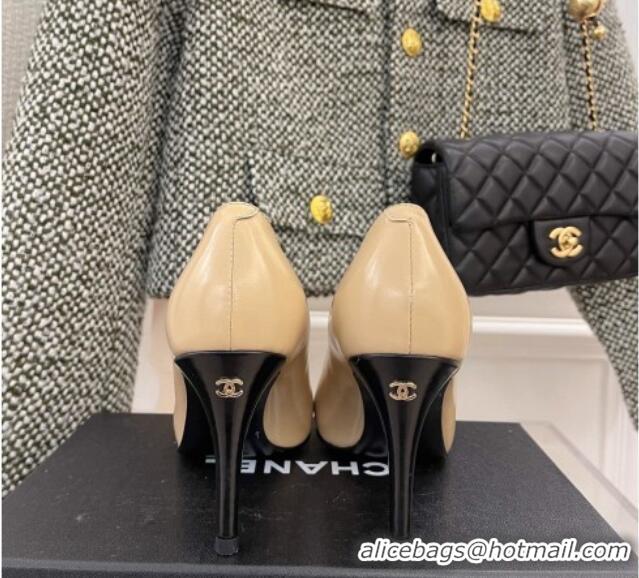 Best Quality Chanel Shiny Calfskin High Heel Mary Janes Pumps 8.5cm 021583 Beige