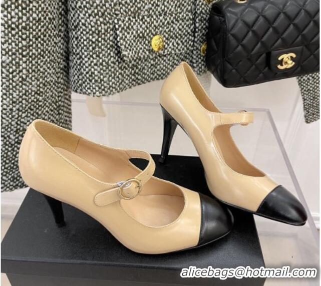 Best Quality Chanel Shiny Calfskin High Heel Mary Janes Pumps 8.5cm 021583 Beige