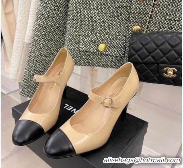 Best Quality Chanel Shiny Calfskin High Heel Mary Janes Pumps 8.5cm 021583 Beige